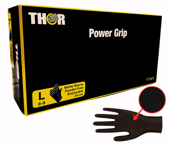 Rękawice nitrylowe warsztatowe THOR | POWER GRIP BLACK | opak. 50 szt.