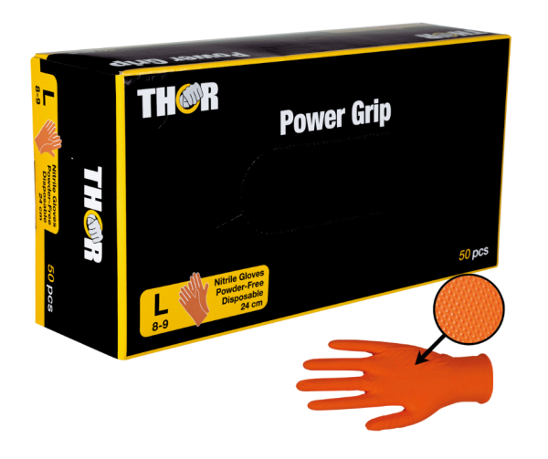 Rękawice nitrylowe warsztatowe THOR | POWER GRIP ORANGE | opak. 50 szt.